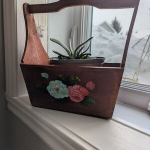 Vintage Hand Made Painted Floral Wooden Basket with Handle